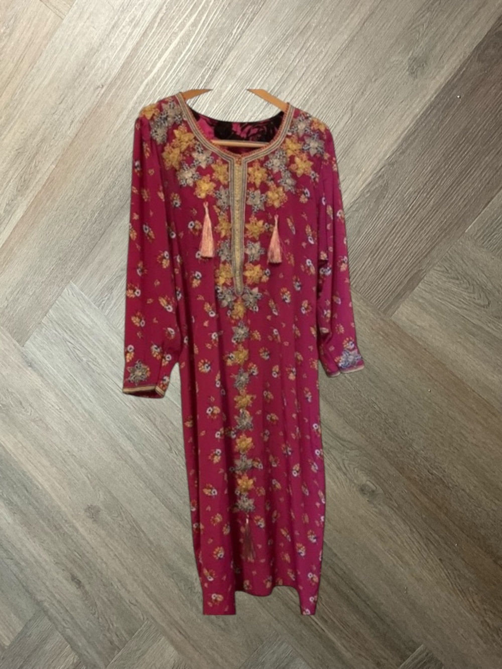 Vintage Dubai Custom Floral Embroidered Abaya Kaftan Womens Small Pink Gold Maxi